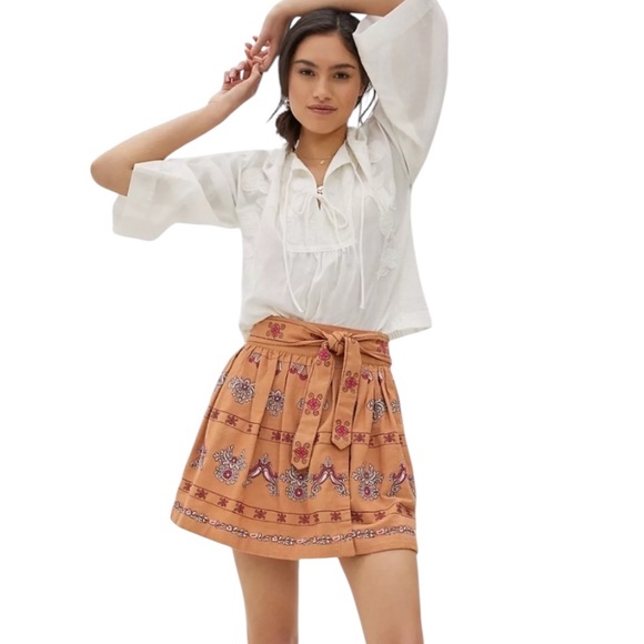 Anthropologie Meghan Embroidered Faux Wrap Mini Skirt Rust Orange Size 4 - Picture 2 of 16